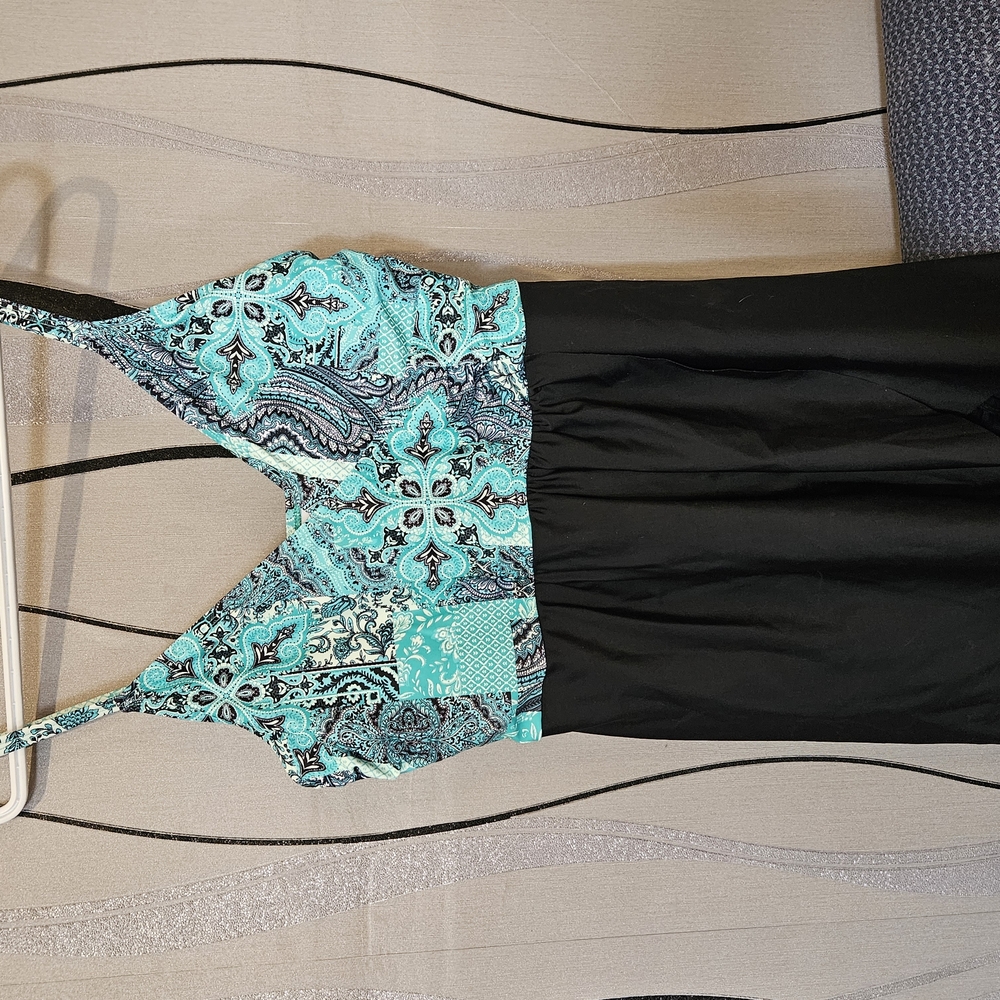 Elegant Black and Blue One Piece with Floral Bodice